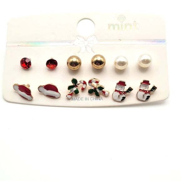 Holiday Christmas Fashion Earrings 6 Pair Studs Snowman Candy Cane Gold Tone - Picture 1 of 5